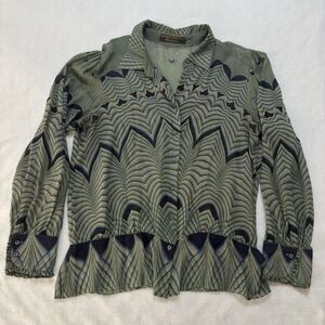 Robert Graham Shirt Women's L Green Black 100% Silk Button Up Long Sleeve